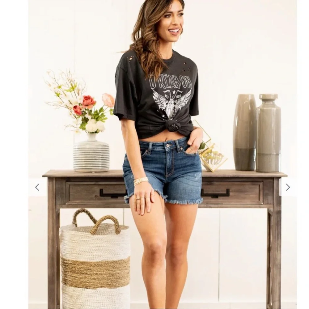 KanCan High Rise Frayed Hem Distressed Jean Shorts Dark Blue Size Small
